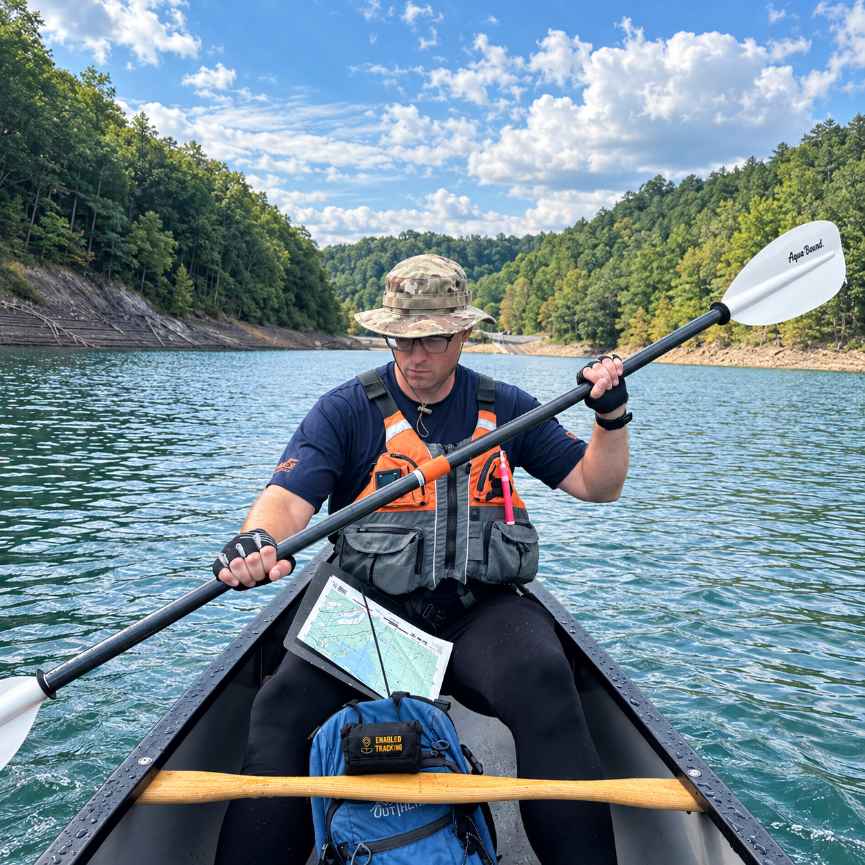 Paddler using an XR Gear leg-mounted map board on the water